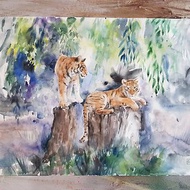 Landscape with tigers artwork hand painted Watercolor painting on paper