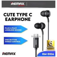 Remax RM-510A Earphone Type C Earphone Wired Earphone Stereo Earphone Remax In Ear Earphone With Mic Soft Silicone 有线耳机