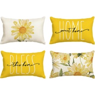 Linen Pillowcase 30x50cm/ 40x60cm Yellow Sunflower "Bless This Home" Pattern Cushion Cover Sofa Deco