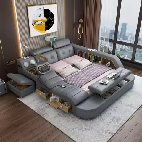 Genuine Leather Bed Multifunctional Beds Ultimate Camas Massage Bed Upholstered Lit with Bluetooth,S