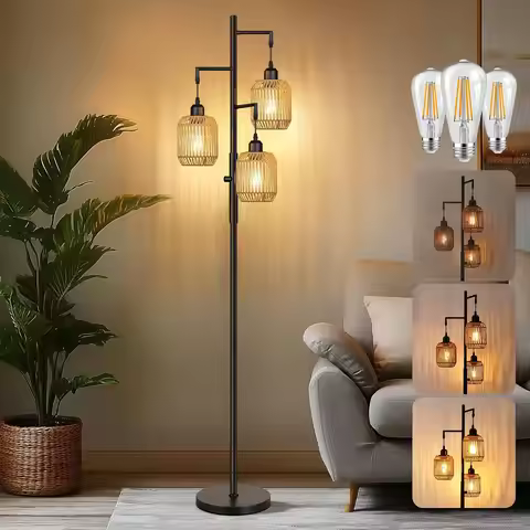 Dimmable Boho Floor Lamp - 3 Light Farmhouse Rattan Design for Living Room, Bedroom & Office, 68" Bl