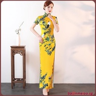 Vietnam Traditional Aodai Cheongsam Flower Print Women Performance Evening Party Dress
