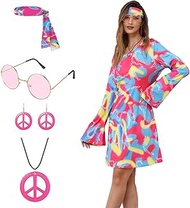 60s 70s Women's Halloween Hippie Costume Dress Floral Disco Retro Outfit Dress for Party Cosplay