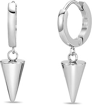 Cone Drop Hoop Earrings for Men and Women - Stainless Steel Dangling Cone Earrings - 6.5mm Wide Unis