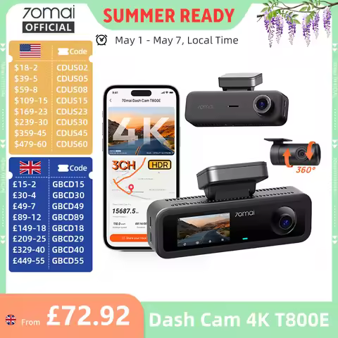 70mai 4K T800E 3-Channel Dash Cam Front Rear Interior 3-in-1 Voice Control 24H Parking Supercapacito