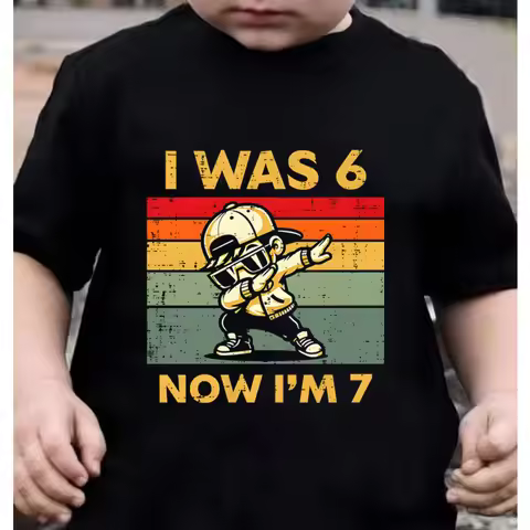 Kids Seven Year Old Cotton T-shirt Tops I Was 6 Now I'm 7 Birthday Funny 7th B-day Gift for Boy 67 M