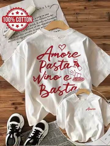 Loose 100% Cotton Women's Casual T-Shirt with "Amore Pasta Vino E Basta" Italian Food Print Short Sl