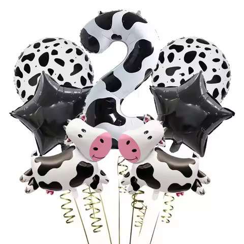 7pcs Cartoon Mini Cow Balloon 40inch Black White Cow Number 0-9 Balloon Set Birthday Farm Party Ball