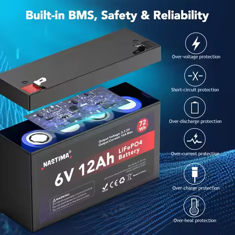 NASTIMA 6V 12Ah 72Wh Rechargeable LiFePO4 Battery with BMS Protection Deep Cycle 4000 For Surveillan