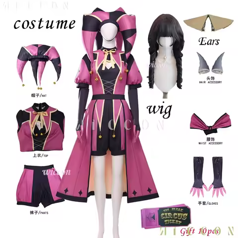 The Freak Circus Columbina Pink Clown Angel Costume Wig Ears Hat Yandere Outfit, Women Scary Hallowe