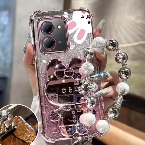 Airbag Glitter Mirror Rabbit Phone Holder Case For Vivo Y33T Y35 Y36 Y38 Y76 Y77 Y78 Y93 Y95 2022 4G