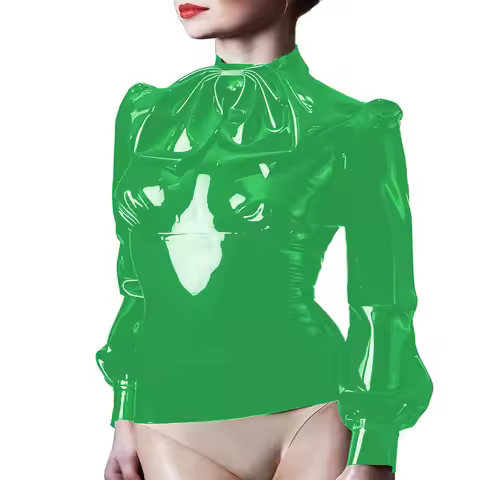 Plus Size Vintage French Shirts for Women, Lolita Blouse,Elegant Long Lantern Sleeve,PVC Leather Blo