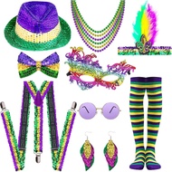 16PCS Mardi Gras Costume Set - Purple Gold Green Sequined Fedora Hat Suspenders Bowtie Eye Mask Earr