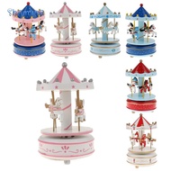 [Shamjina] Music Box 4-Horse Carousel -Round Carousel Music Box No Battery   Pink/Blue/Red