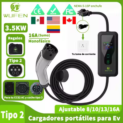 WUFEN Portable Type 2 Charger 110V US NEMA 5-15P Plug Max 3.5kw Type2 EV Charger 16A 1Phase Charging