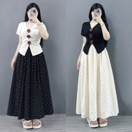 Set bigsize tiểu thư ( có lẻ áo/váy) áo thun kiểu đính nơ tay ngắn phối váy dài chấm bi thanh lịch p