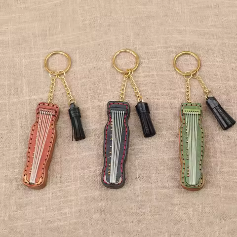 Genuine leather mini guqin keychain handmade bag pendant traditional musical instrument vintage cowh