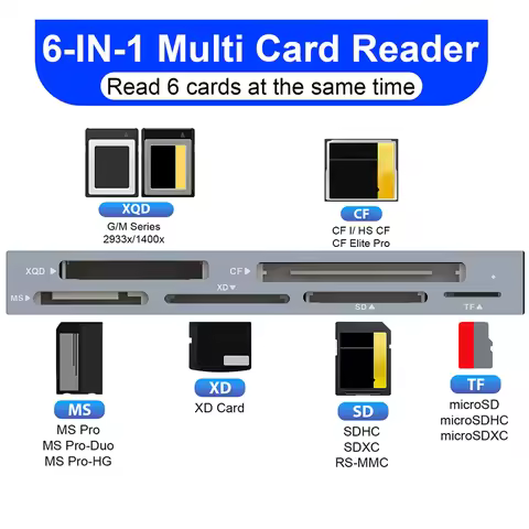 6 in 1 Memory Card Reader USB C USB 3.0 XQD/SD/TF/MS/XD/CF Reader All In One Card Reader Memory Card