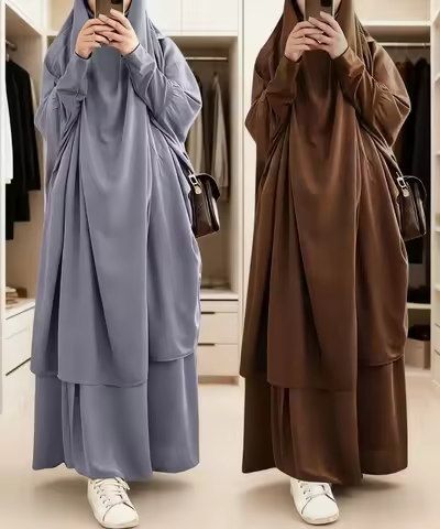 Eid Women Long Khimar 2 Piece Set Prayer Garment Djellaba Abaya Muslim Ramadan Gown Dubai Arab Islam
