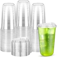 [50 Pack] Clear Plastic Cups with Lids, Disposable Strawless Coffee Iced Drink Cup – Cold Beverage T