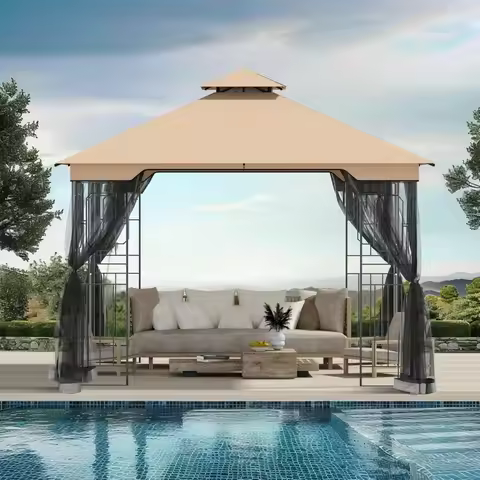 Patio Gazebo 11'x11' with Netting, Outdoor Gazebo with Stable Frame, Canopy Tent with Double Roofs a
