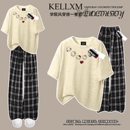 可爱凯蒂猫印花夏季女童扎染短袖格子裤套装百搭中大童两套Cute Hello Kitty Print Summer Girls Tie-Dye Short SleeveWL