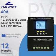 Flowatt 40A MPPT ตัวควบคุมการชาร์จพลังงานแสงอาทิตย์ 12V-48V Auto Max PV 100V อินพุต LCD แสดงแบตเตอรี