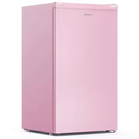 Mini fridge with freezer for dorm/bedroom/office: 3.2 cu.ft, pink, compact single-door design, adjus