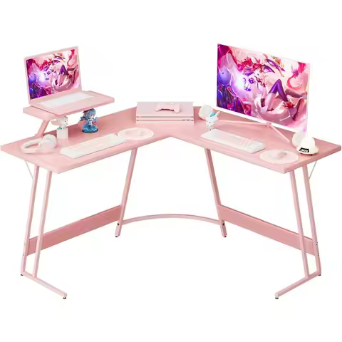 Pink L Shaped Gaming Desk with Large Monitor Stand for Home Office Study and Writing Workstation Spa