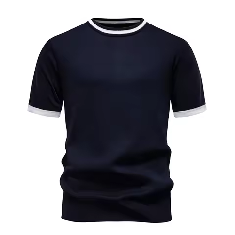 2025 Men's Stretch Knit T Shirts Casual Short Sleeve Knitted Pullover Shirts Crewneck Contrast Knitw