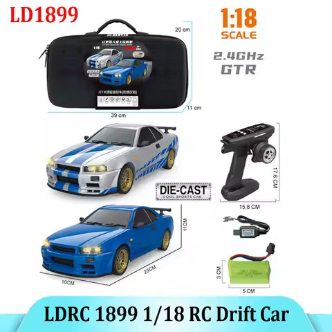 LDRC 1899 1/18 RC Drift Car LD1899 GTR Mode R34 2.4GHz RWD with Gyroscope on-Road Alloy Body Shell R