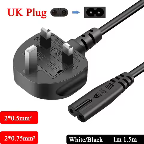UK Plug 2 Prong Connector Power Cable 2*0.5mm² 2*0.75mm² Electrical Copper Wire White Black 1m 1.5m 