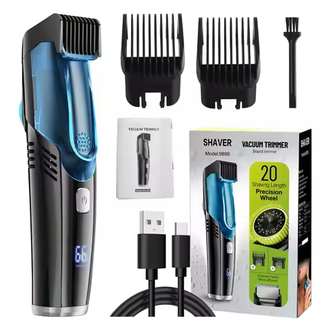 Vacuum Beard Trimmer for Men, Rechargeable Mustache Trimmer with Adjustable Length Comb (1-20MM) Ele