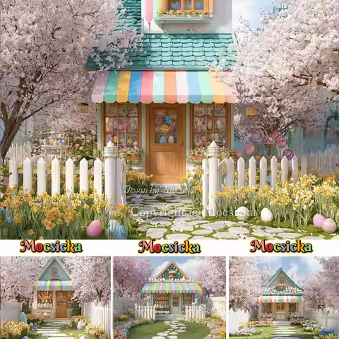 Mocsicka Easter Candy Shop Backdrop Photography Garden Egg Gift Shop White Fence Background Spring K