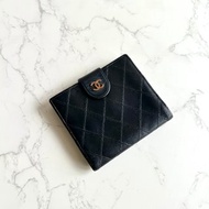 【LA LUNE】中古二手Chanel雙面小羊皮革黑色短夾小銀包零錢手袋