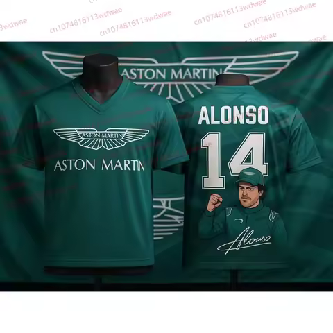 Aston Martin F1 Team Alonso 14 Signature Short-sleeve T-shirt Men's Sports Casual Fan Souvenir Cloth