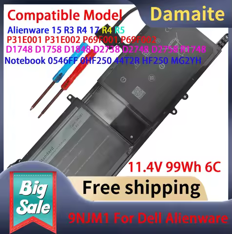 Damaite 99Wh 11.4V 6Cell 9NJM1 Laptop Battery For Dell Alienware 15 R3 R4 17 R4 R5 0546FF 0HF250 44T