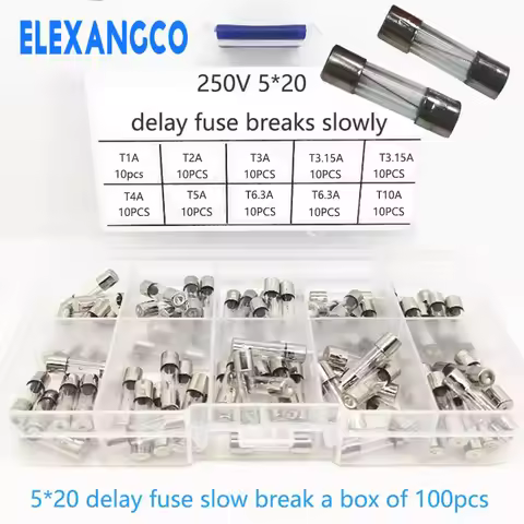 100PCS Slow Break 5*20mm Delay Fuse Tube 250V T1A T2A T3.15AT4A T5A T6.3A T10A Box Spiral Wire Glass