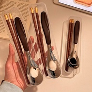 316 Stainless Steel Wooden Chopsticks Spoon Set Student Office Worker Portable Spoon Chopsticks Set 