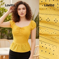 Lovito Blus Wanita Kasual Hollow Musim Semi/Panas L143AD747