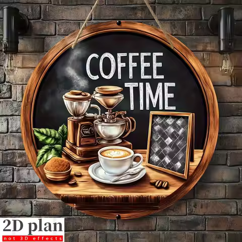 2D Flat, 2D Flat Printed Round Wooden Sign - Coffee Time Theme, 8X8-Inch Wall Hanging Decoration, Su