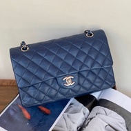 Chanel • Cf 25 經典荔枝牛皮深海藍銀釦口蓋包