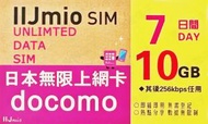 NTT Docomo - IIJmio【日本】7天 10GB 高速4G 無限上網卡數據卡電話卡Sim咭 7日任用無限日本卡 (10GB FUP)
