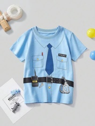 男孩休閒棉質印花警察制服短袖T恤，夏季透氣套裝