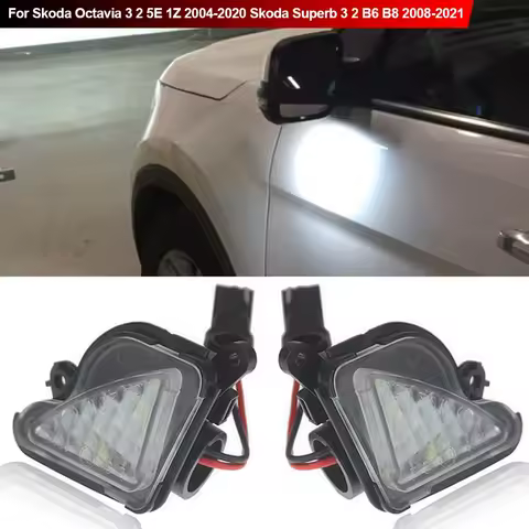 2Pcs 6000K White LED Under Side Mirror Light Puddle Lamps For Skoda Octavia 3 2 5E 1Z 2004-2020 Skod