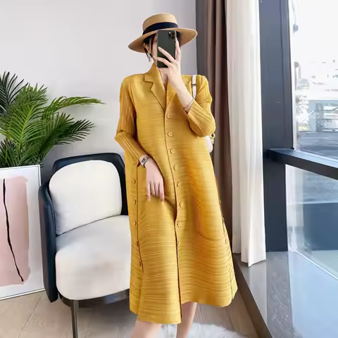 Miyake Pleated Triple Button Long Sleeve Lapel Dress Women Spring Korean Fashion Causal Elegant Clot