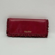 MIUMIU 玫紅色皮革花邊長款錢包 19.5*9.5*3 98新配件塵袋