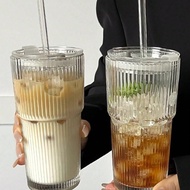 1pc,Striped Glass Cup With Straw And Lid - 20.29oz/600ml, Visually Appealing Glass Drinking Tumbler 