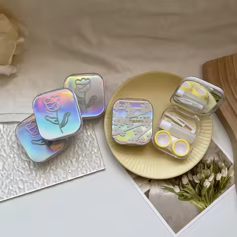 Contact Lens Holder Laser Bear Beauty Lens Container Contact Lens Case Colorful Flower Pattern For G