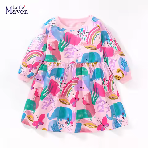 Little maven Baby Girls Clothes Children's Clothing Cotton Cartoon Rainbow Butterfly Dress Spring Au